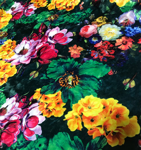 Black, Green, Yellow, Pink Multi Floral - Stretch Polyester Velvet Fabric