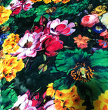Black, Green, Yellow, Pink Multi Floral - Stretch Polyester Velvet Fabric