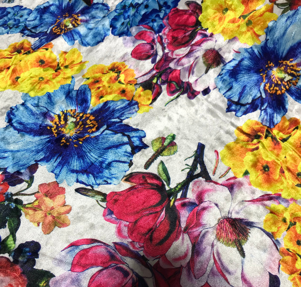 White, Blue, Yellow & Pink Multi Floral - Stretch Polyester Velvet Fabric