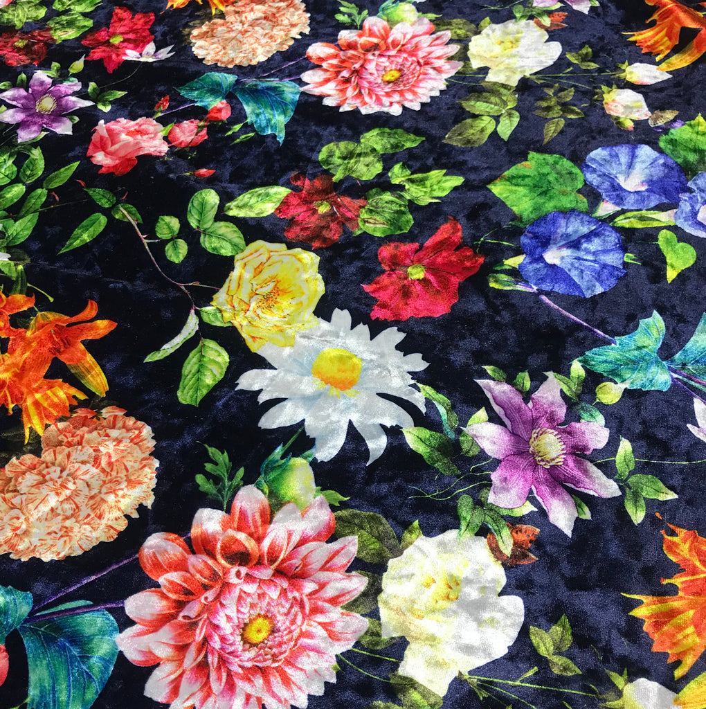 Navy Multi Floral - Stretch Polyester Velvet Fabric