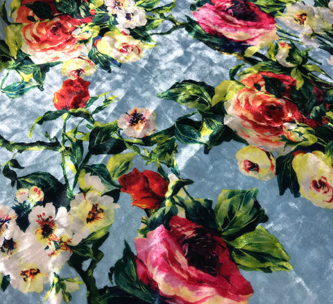 Blue with Roses Floral - Stretch Polyester Velvet Fabric