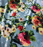 Blue with Roses Floral - Stretch Polyester Velvet Fabric