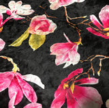 Black & Fuchsia Magnolia Floral - Stretch Polyester Velvet Fabric