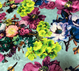 Aqua Purple & Green Multi Floral - Stretch Polyester Velvet Fabric
