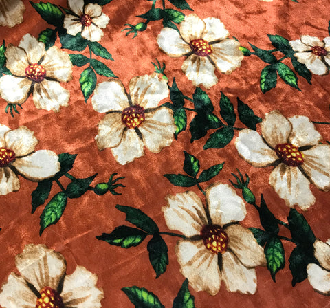 Rust & Ivory Floral - Stretch Polyester Velvet Fabric