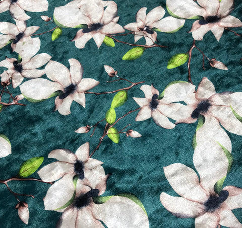 Teal Green Magnolia Floral - Stretch Polyester Velvet Fabric