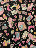 Pink on Black Retro Pop - Kokka Japan Cotton Oxford Fabric