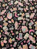 Pink on Black Retro Pop - Kokka Japan Cotton Oxford Fabric