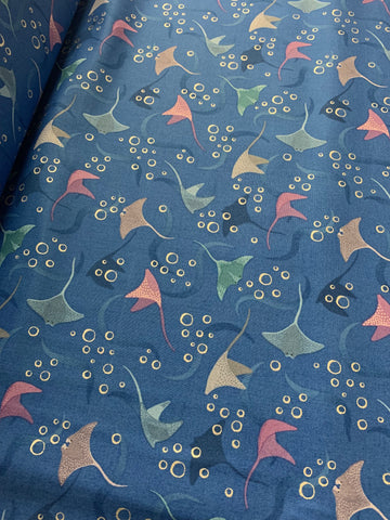 Moontide Manta Sting Ray - Dark Blue with Silver Metallic - Lewis & Irene Cotton Fabric
