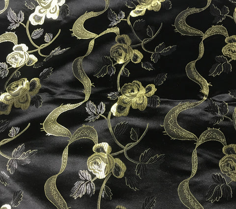 Black & Gold Ribbon Roses - Faux Silk Brocade Fabric