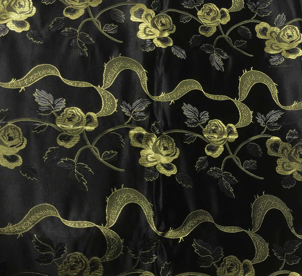 Black & Gold Ribbon Roses - Faux Silk Brocade Fabric