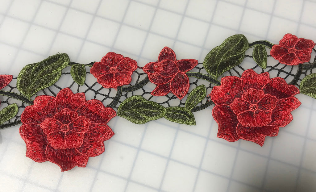Embroidered Lace Red Flower Applique Trim 4 Made in France
