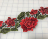 Embroidered Lace Red Flower Applique Trim 4" Made in France