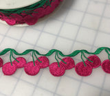 Embroidered Lace Pink Cherries Applique Trim 1 1/2" wide Made in France