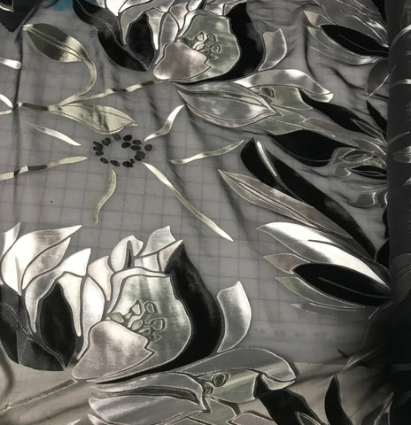 Burnout Devore Satin Fabric - Black & Silver Large Magnolias Floral