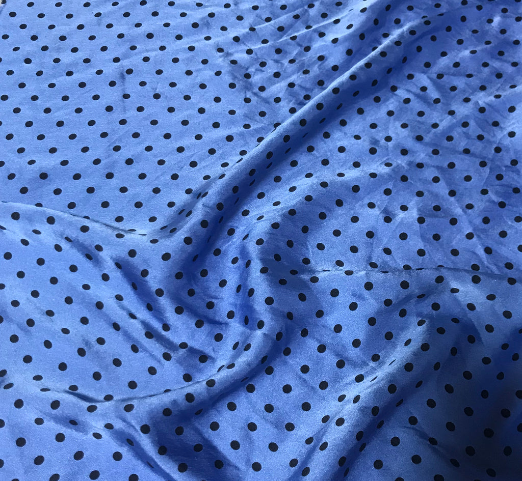 Periwinkle Blue & Black Polka Dots - Hand Dyed Silk Charmeuse Fabric