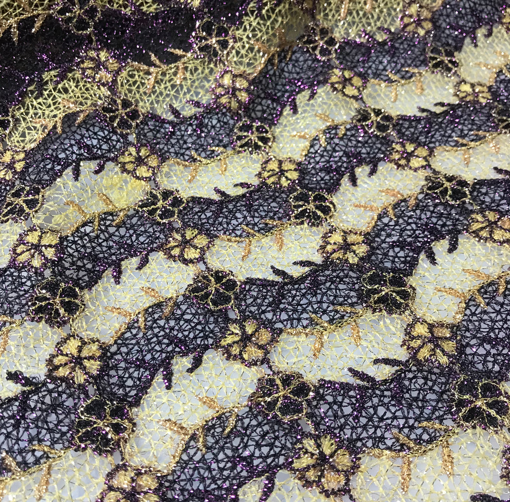 Purple & Gold Floral Waves - Schiffli Lace Fabric