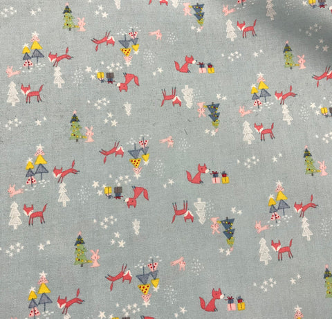 Winter Tales Foxes, Rabbits, and Presents Aqua - Riley Blake Cotton Fabric