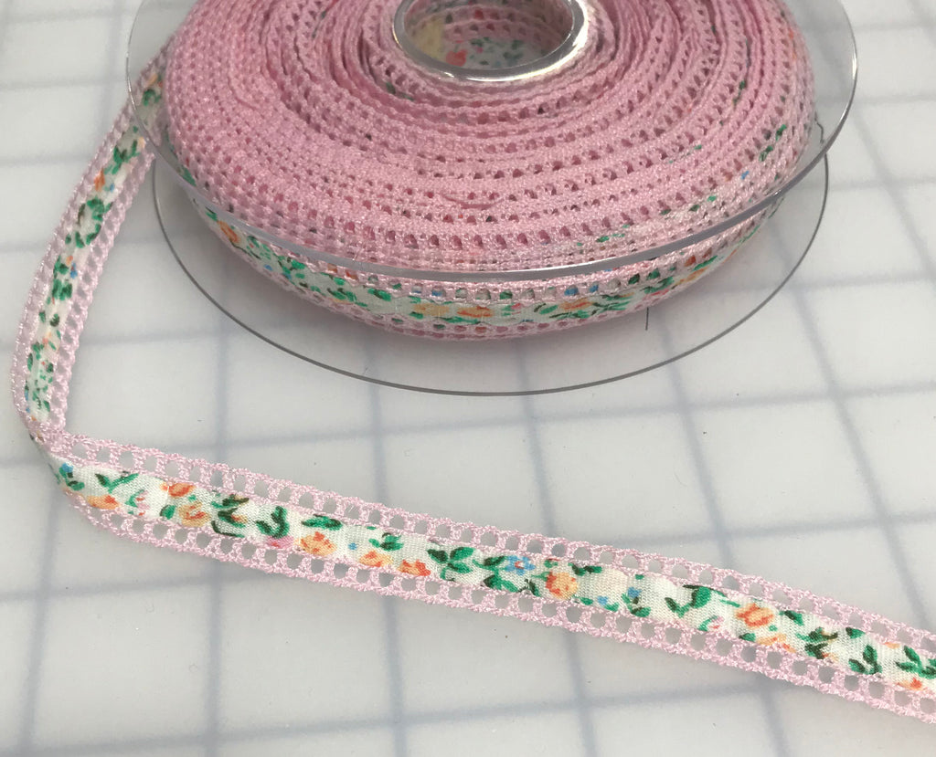 Pink Floral Ribbon with Lace Edge Made in France (1/2" wide)