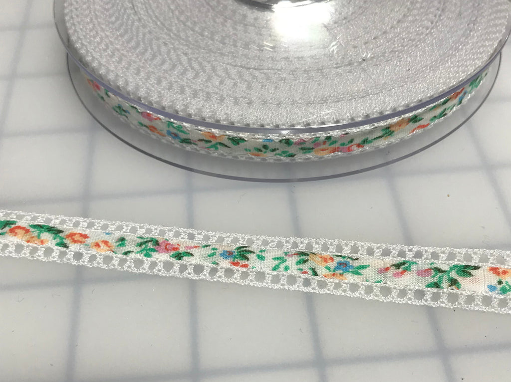 White Floral Ribbon with Lace Edge Made in France (1/2" wide)