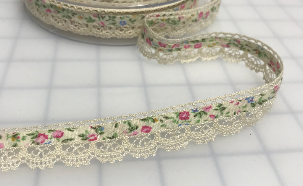 Ivory Floral Ribbon with Scalloped Lace Edge Made in France (3/4" wide)
