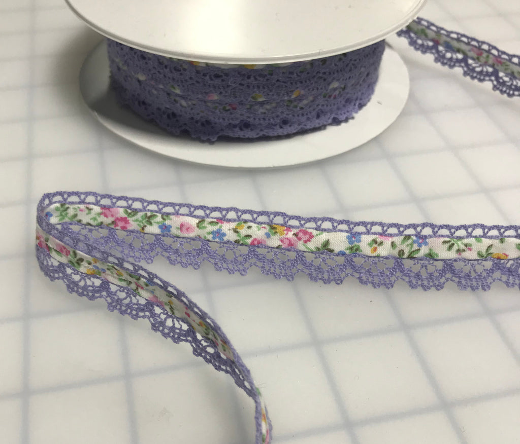 Lavender Floral Ribbon with Scalloped Lace Edge Made in France (3/4" wide)
