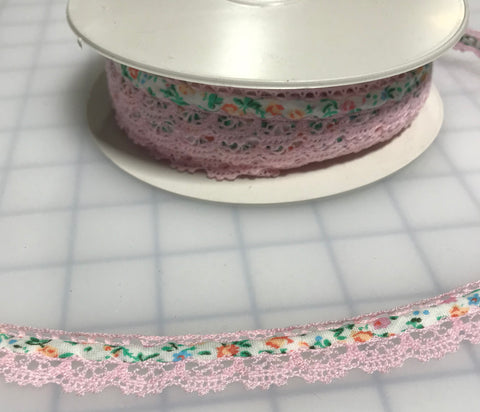 Pink Floral Ribbon with Scalloped Lace Edge Made in France (3/4" wide)