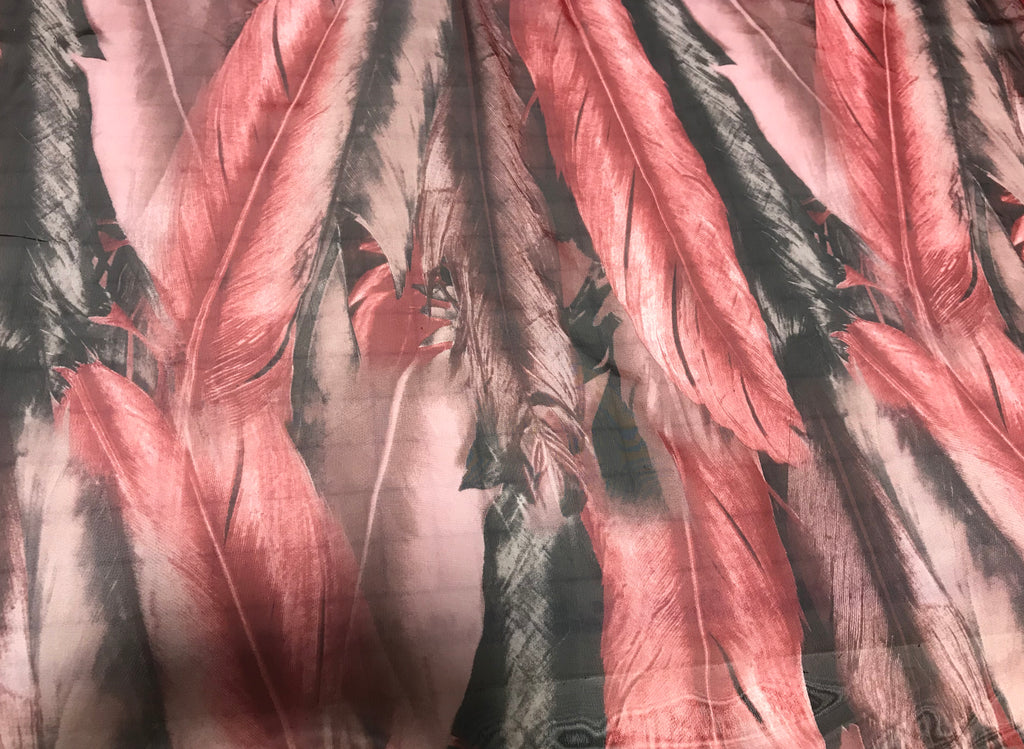 Black & Red Feathers - Polyester Chiffon Fabric