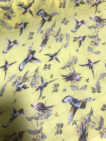 Yellow with Hummingbirds - Polyester Chiffon Fabric