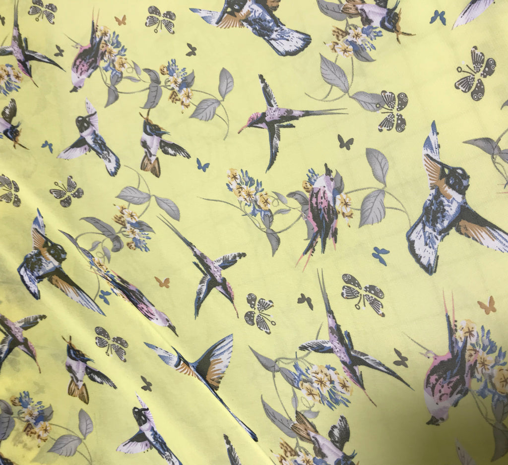 Yellow with Hummingbirds - Polyester Chiffon Fabric