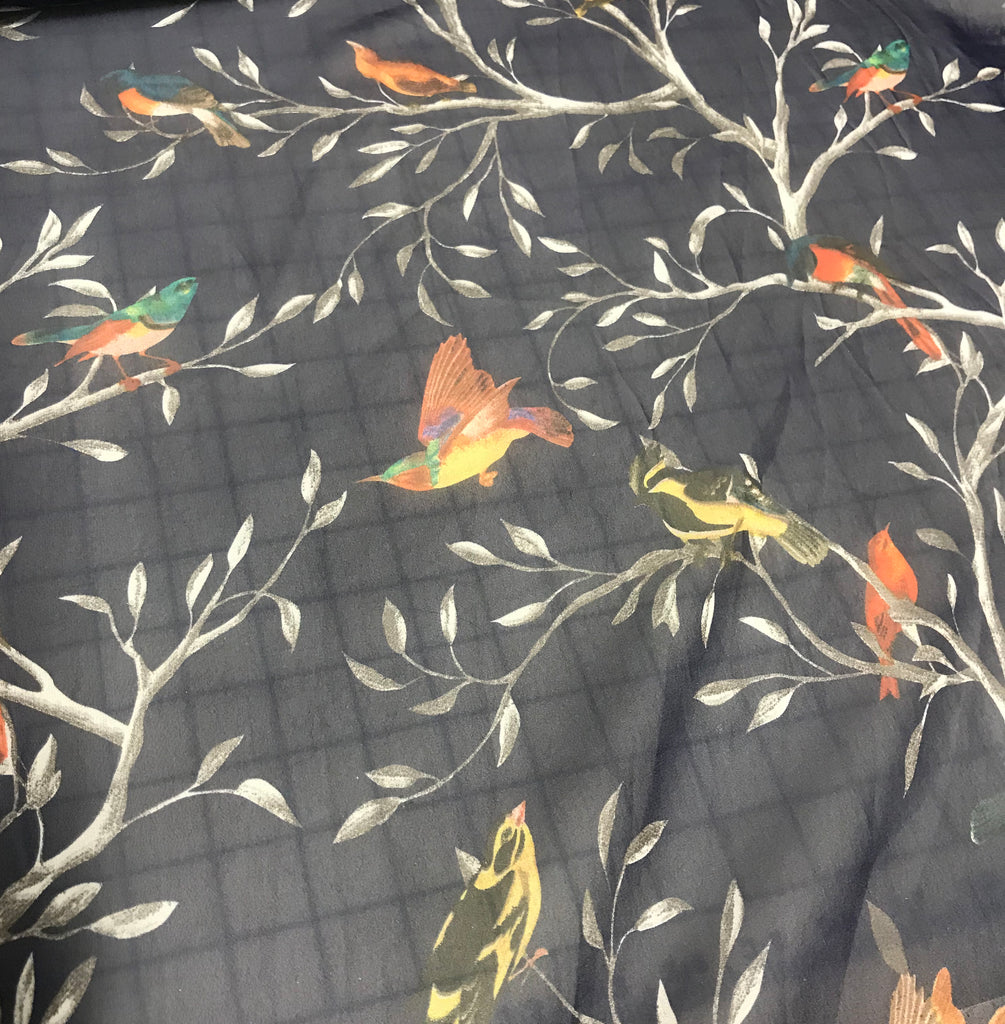 Navy Blue with Birds - Polyester Chiffon Fabric