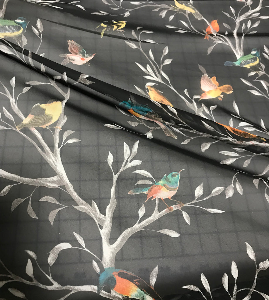 Birds on Black - Polyester Chiffon Fabric
