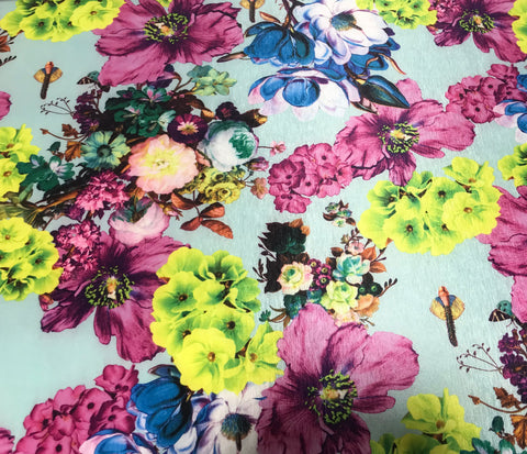 Aqua Purple & Green Multi Floral - Stretch Polyester Taffeta Fabric
