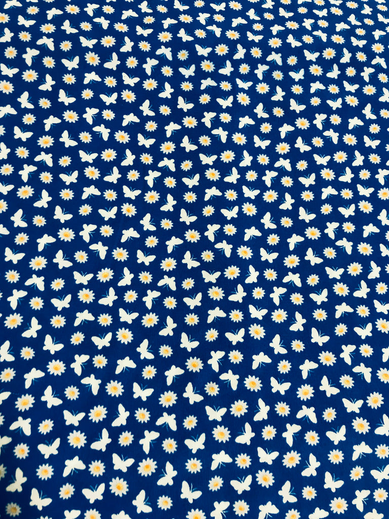 Butterflies & Daisies Royal Blue - Stof Cotton Fabrics