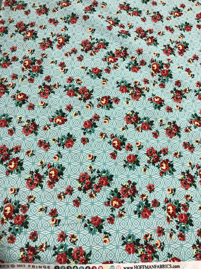 Bohemia Floral Bouquets on Aqua Pattern - Hoffman Cotton Fabric
