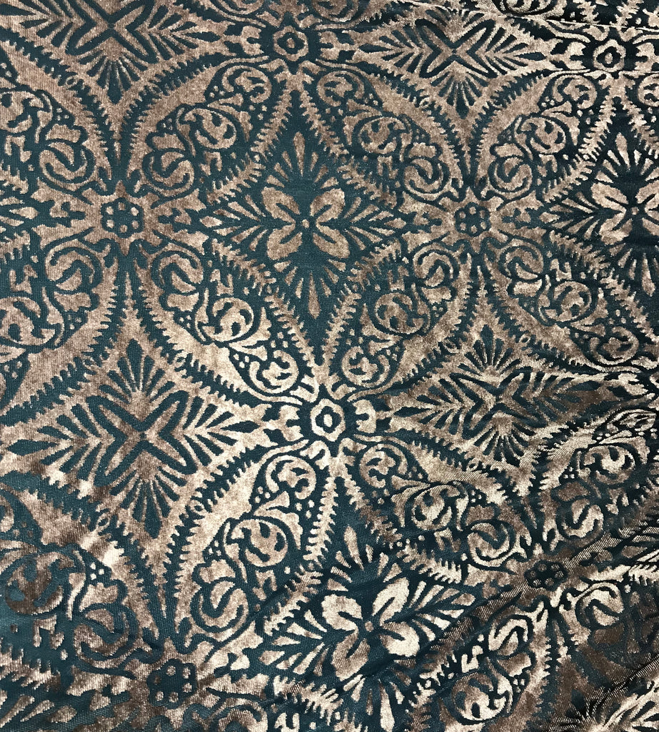 Pewter on Teal Damask - Burnout Stretch Polyester Velvet Fabric