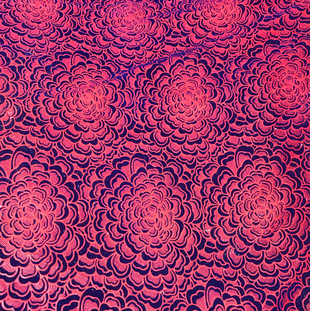 Blue on Red Mums - Stretch Polyester Flocked Velvet Fabric