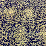 Blue on Gold Mums - Stretch Polyester Flocked Velvet Fabric
