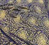 Blue on Gold Mums - Stretch Polyester Flocked Velvet Fabric