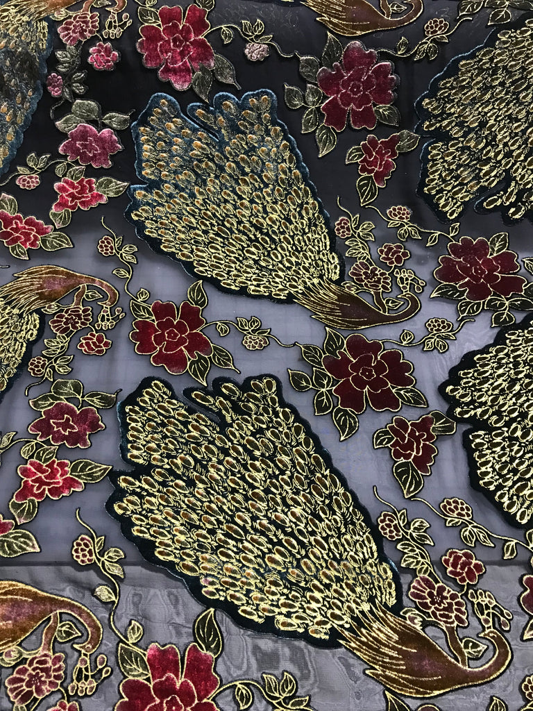 Peacocks - Burnout Silk Velvet Fabric