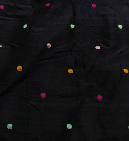 Darkest Blue with Embroidered Polka Dots - Silk Dupioni Fabric