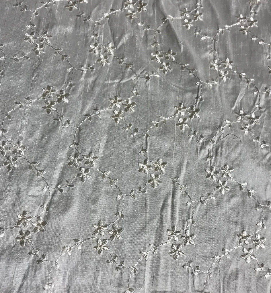 Ivory Embroidered Flowers - Silk Dupioni Fabric