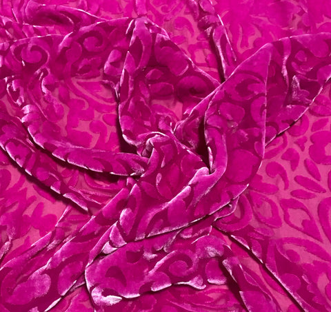 Magenta Scroll - Hand Dyed Burnout Silk Velvet