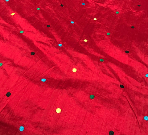 Red with Embroidered Polka Dots - Silk Dupioni Fabric - 60"x45" Remnant