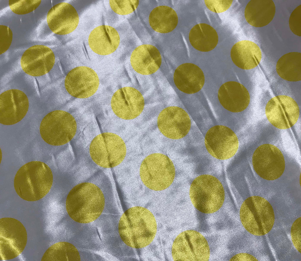 Yellow on White Polka Dots - Faux Silk Charmeuse Satin Fabric