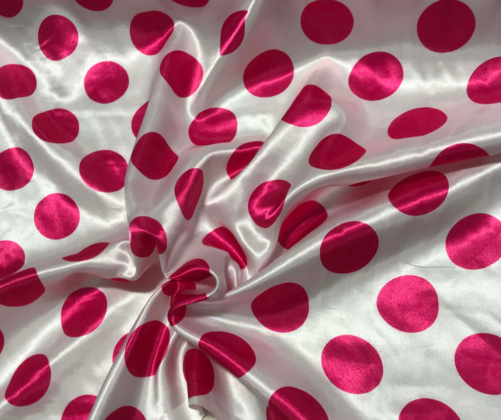 Fuchsia on White Polka Dots - Faux Silk Charmeuse Satin Fabric