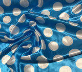 White on Turquoise Polka Dots - Faux Silk Charmeuse Satin Fabric