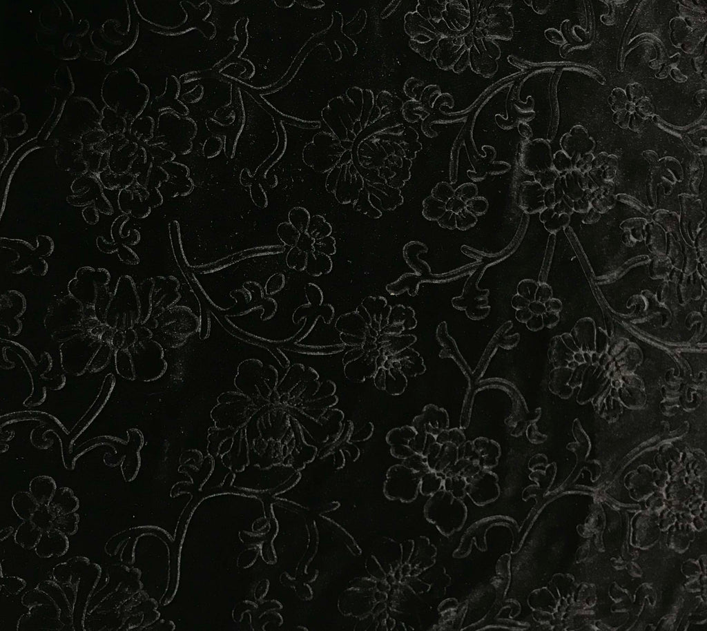 Black Flower Branches - Embossed Stretch Poly Velvet Fabric