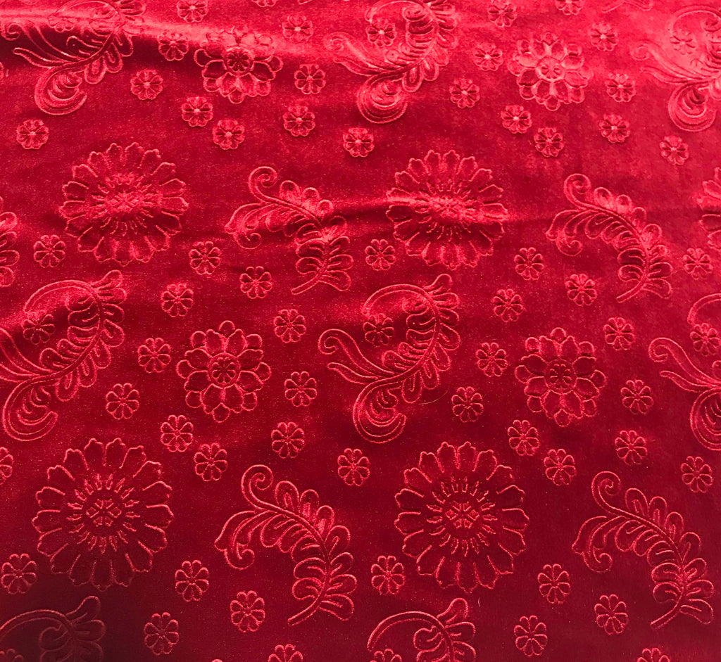 Scarlet Red Feathers & Flowers - Embossed Stretch Poly Velvet