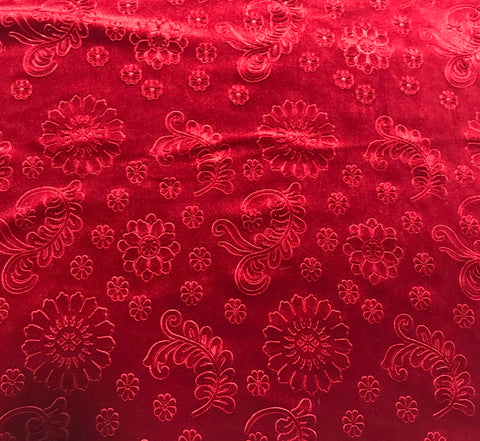 Scarlet Red Feathers & Flowers - Embossed Stretch Poly Velvet Fabric